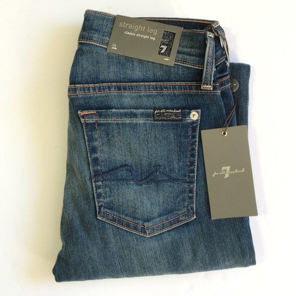 Seven 7 For All Mankind Womens Straight Leg Jeans 24 x 32 Low Rise Stretch NWT - Picture 1 of 12